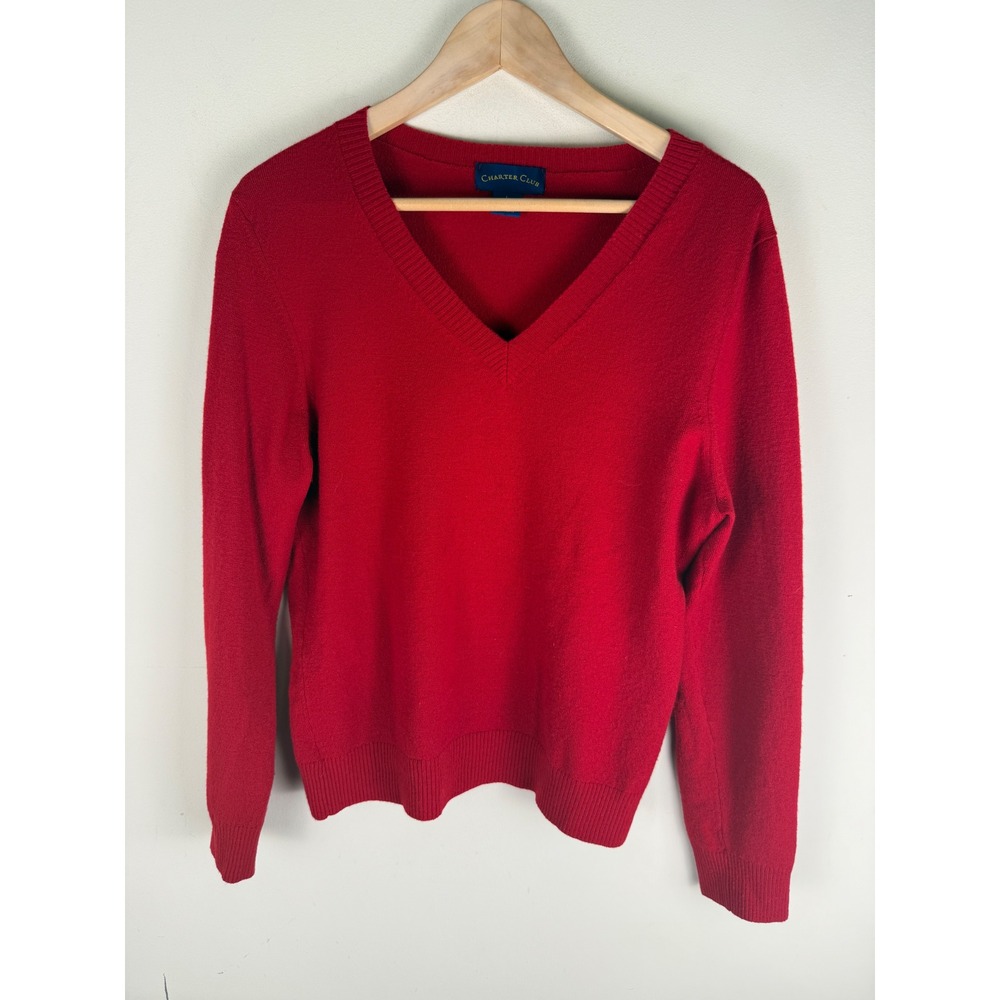 Charter Club Women's Red 95% Wool V-Neck Sweater Top Size Large Holiday Winter